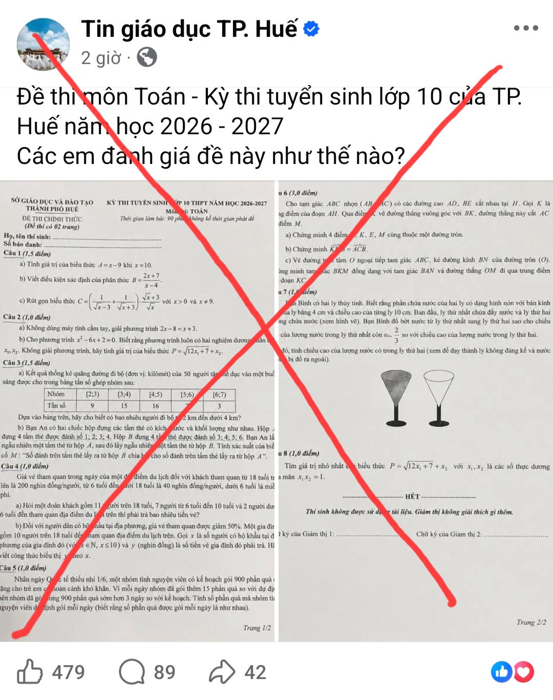 Hình ảnh đề thi môn Toán lớp đăng tải trên trang Facebook Tin giáo dục TP. Huế là sai sự thật. Ảnh: Chụp màn hình
