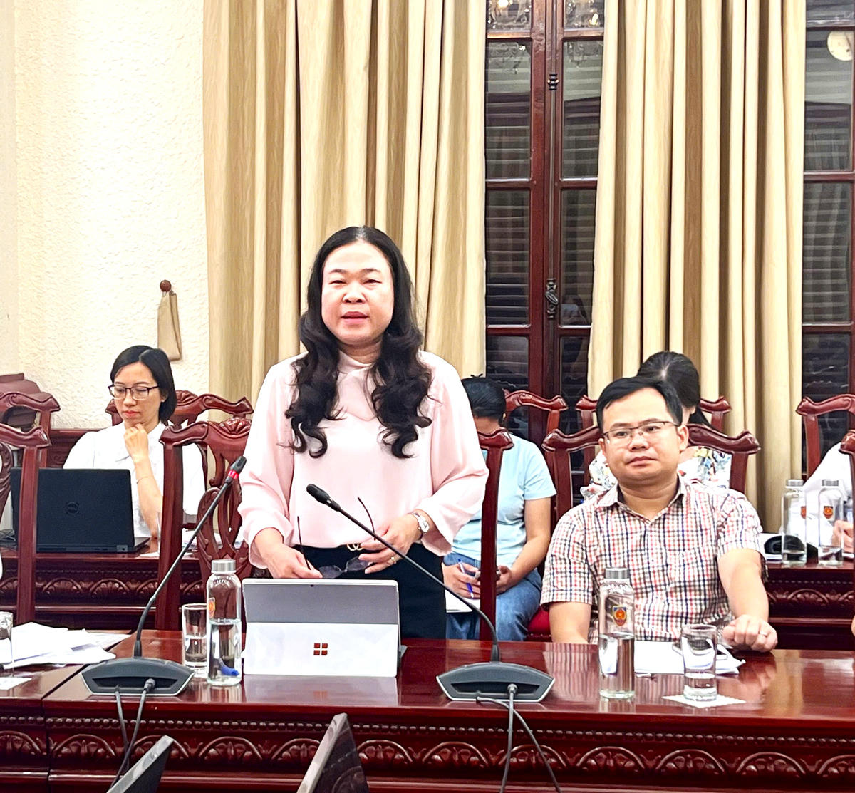 Bà Phạm Thị Thanh Hương, Phó Giám đốc Sở Tư pháp Hà Nội phát biểu tại cuộc họp.