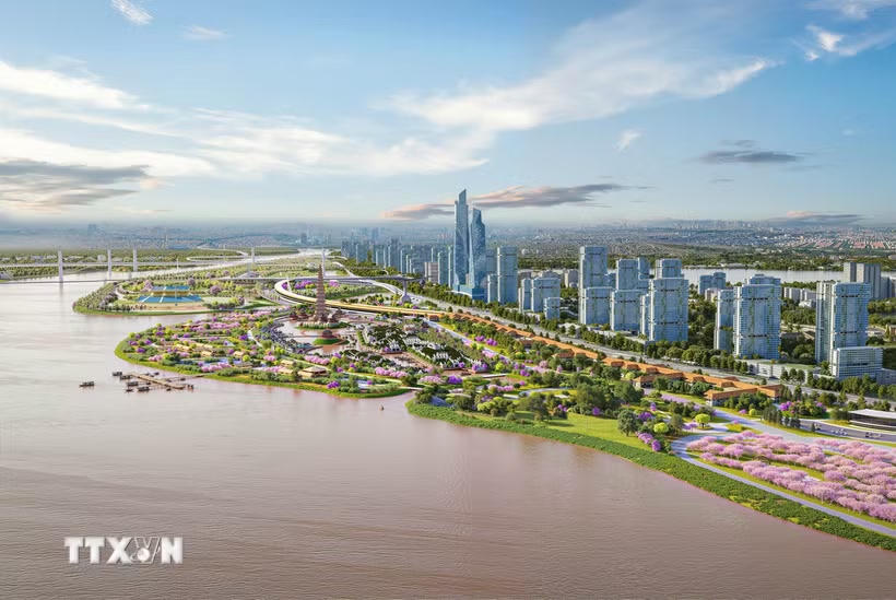 Sáng 11/5, tại Kỳ họp thứ hai (kỳ họp chuyên đề), Hội đồng Nhân dân thành phố Hà Nội khóa XVII đã thông qua Nghị quyết về chủ trương đầu tư dự án xây dựng Trục đại lộ cảnh quan sông Hồng trên địa bàn thành phố Hà Nội. (Ảnh phối cảnh: Phan Phương/TTXVN).