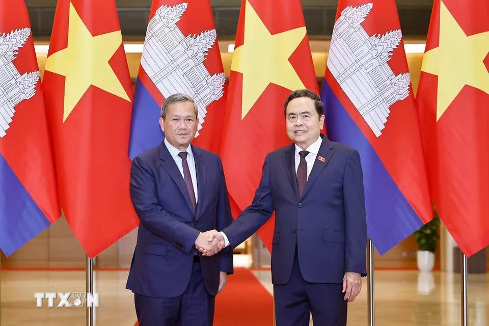 Chủ tịch Quốc hội Trần Thanh Mẫn hội kiến Thủ tướng Campuchia Hun Manet thăm chính thức Việt Nam và tham dự Diễn đàn Tương lai ASEAN lần thứ ba. (Ảnh: Doãn Tấn/TTXVN)