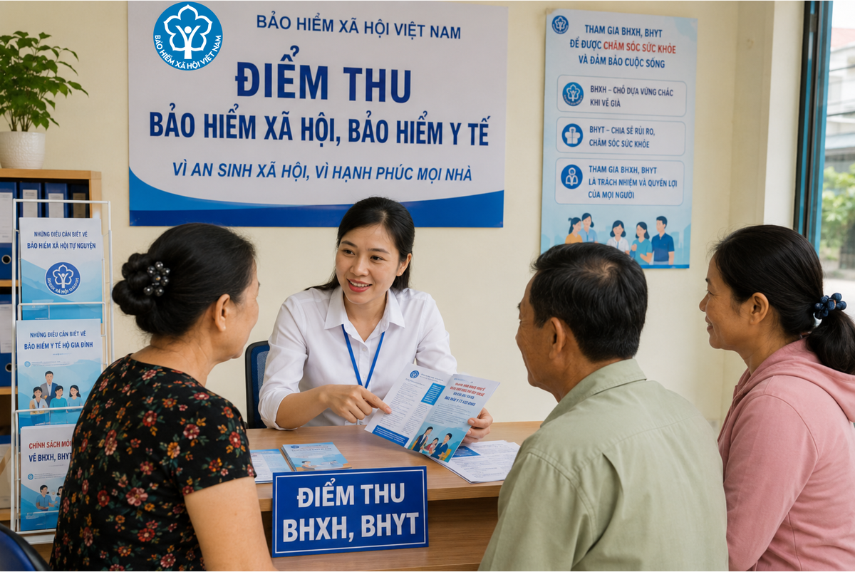 Nhân viên thu tại điểm thu đang tư vấn, hỗ trợ người dân tham gia BHXH, BHYT