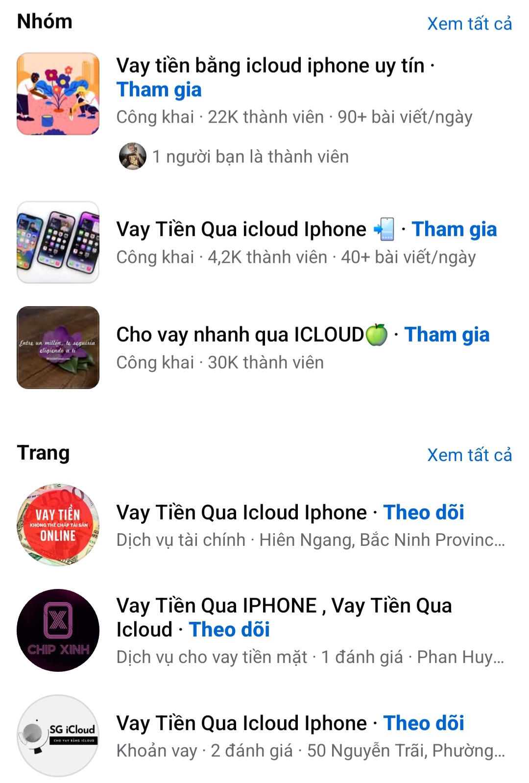 Các hội nhóm vay tiền qua iCloud nở rộ trên Facebook. Ảnh chụp màn hình