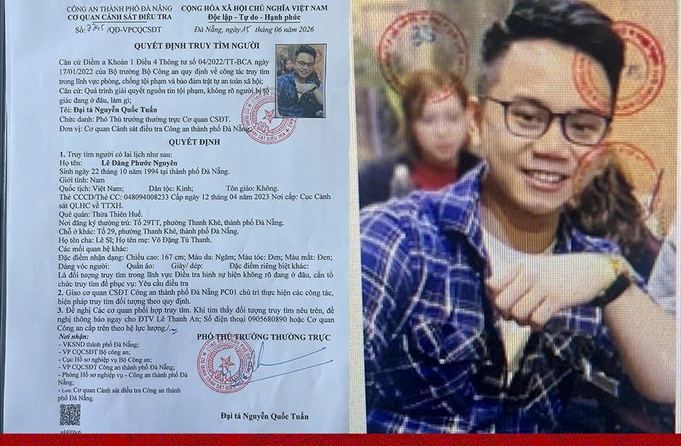 Công an TP Đà Nẵng ra thông báo truy tìm Lê Đăng Phước Nguyên. Ảnh: CA Đà Nẵng.