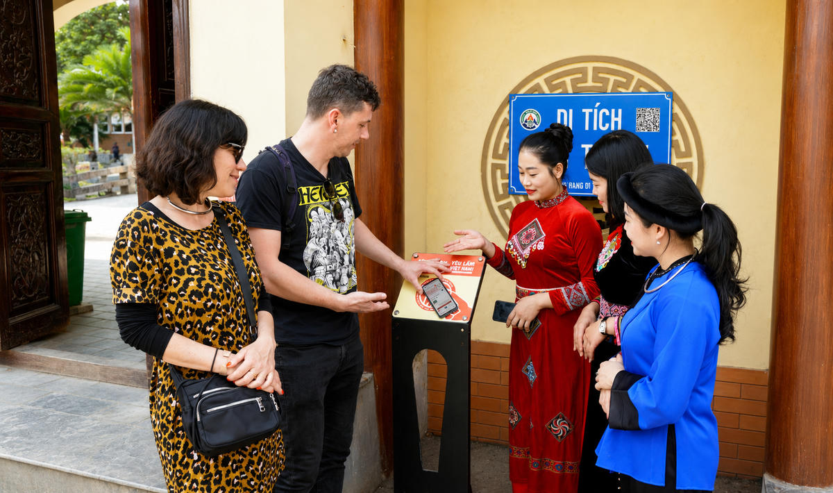 Du khách quét mã QR để tìm hiểu lịch sử di tích chùa Tam Thanh