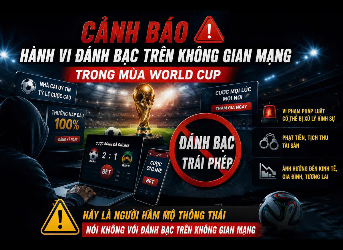 Cảnh báo hành vi đánh bạc trên không gian mạng trong mùa World Cup. Ảnh: TTN