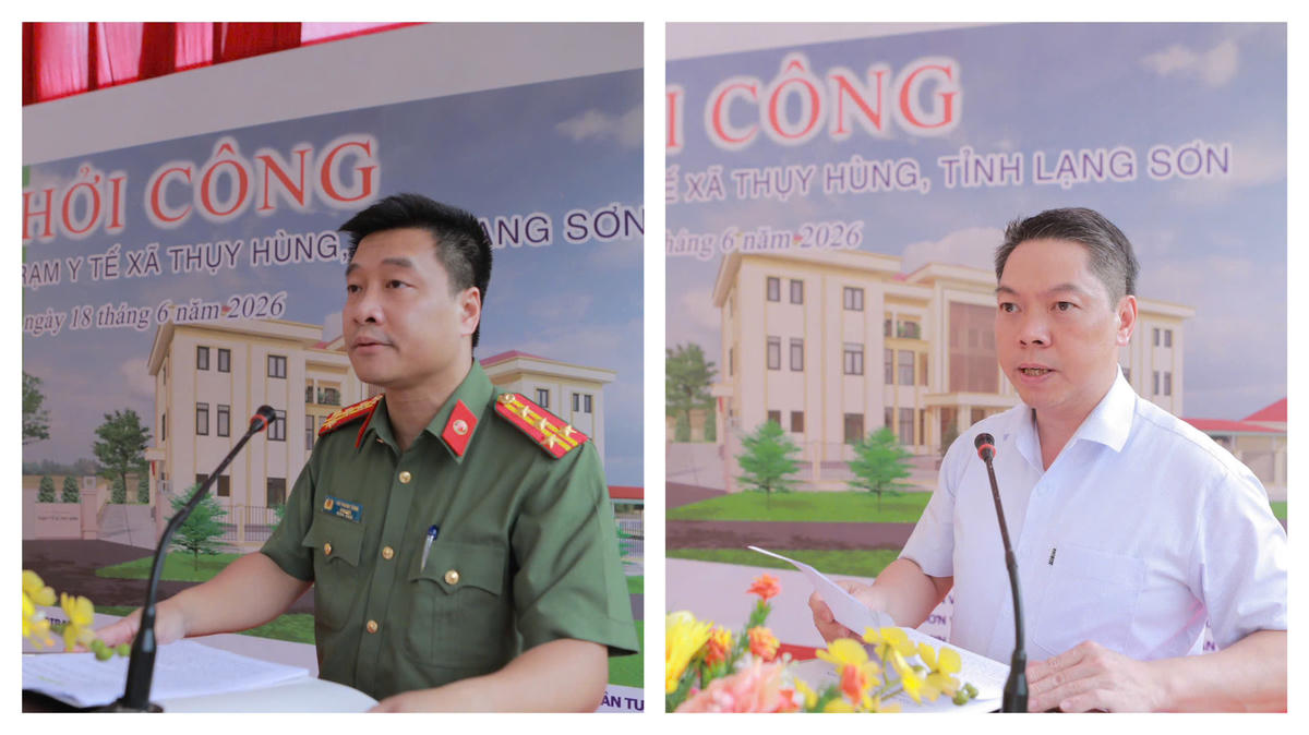 Đại tá Vũ Thanh Tùng, Ủy viên Ban Thường vụ Tỉnh ủy, Bí thư Đảng ủy, Giám đốc Công an tỉnh Lạng Sơn và đồng chí Đoàn Thanh Sơn, Ủy viên BCH Đảng bộ tỉnh, Phó Chủ tịch UBND tỉnh Lạng Sơn phát biểu tại buổi lễ khởi công xây dựng Trạm Y tế xã Thụy Hùng