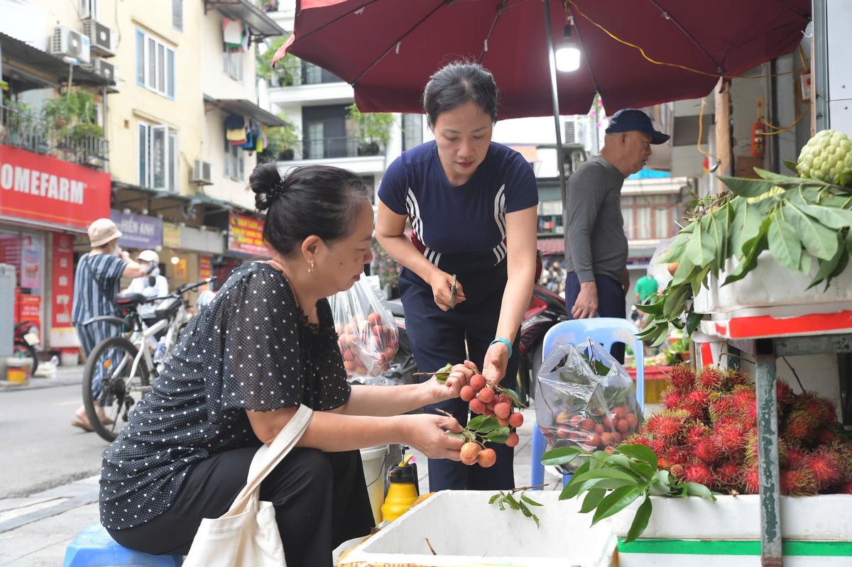 Người dân tỉ mỉ lựa chọn từng loại hoa quả tươi ngon để chuẩn bị mâm cúng gia tiên trong ngày Đoan Ngọ.