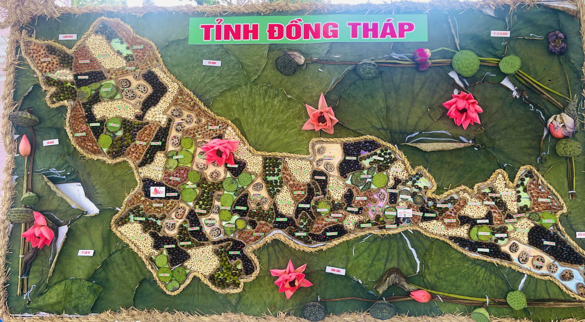 Bản đồ tỉnh Đồng Thâp mới làm bằng các sản phẩm từ sen như lá sen, hạt sen hoa sen. Ảnh Q.T