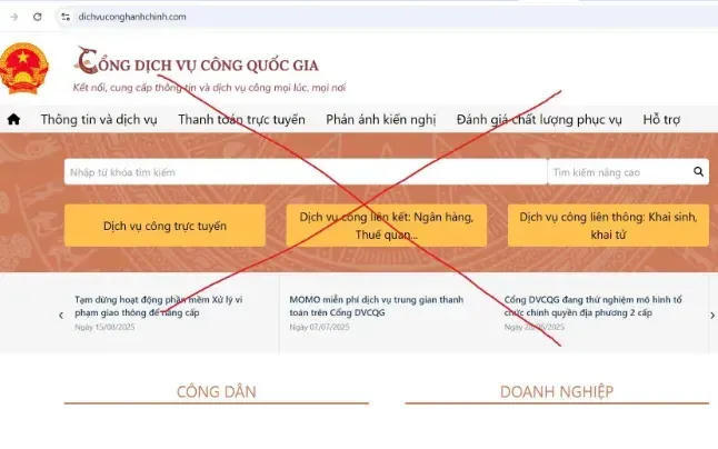 Website giả mạo Cổng Dịch vụ công Quốc gia với giao diện được thiết kế gần giống trang chính thức.