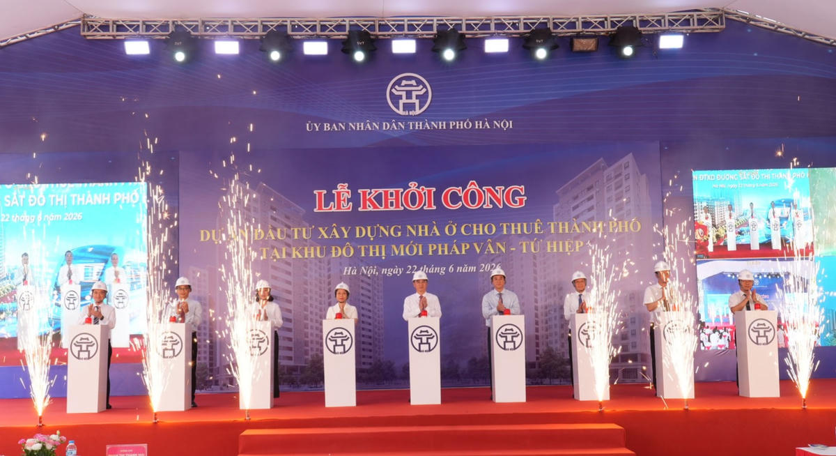 Nghi thức lễ khởi công đồng thời 3 dự án nhà ở cho thuê tại điểm cầu Pháp Vân - Tứ Hiệp (phường Yên Sở) sáng 22/6.