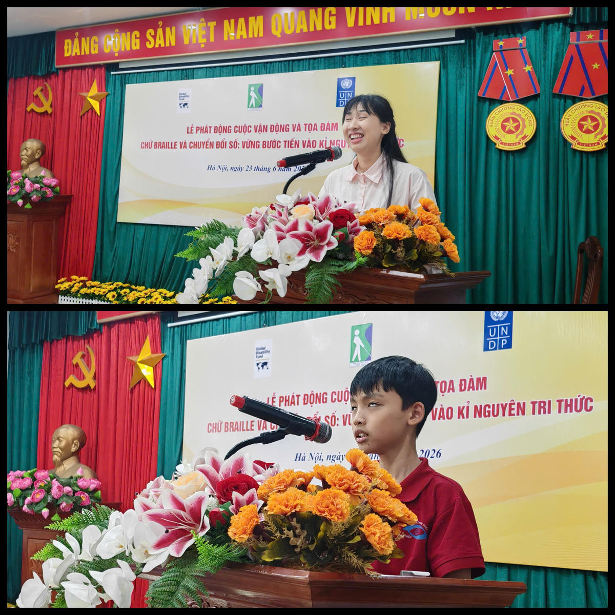 Em Phạm Thị Thương, sinh viên Trường Đại học Hà Nội và em Vương Hoàng Minh, học sinh Trường Phổ thông cơ sở Nguyễn Đình Chiểu thuyết trình về phần thi “Hành trình chinh phục tri thức, vươn tới tương lai”.