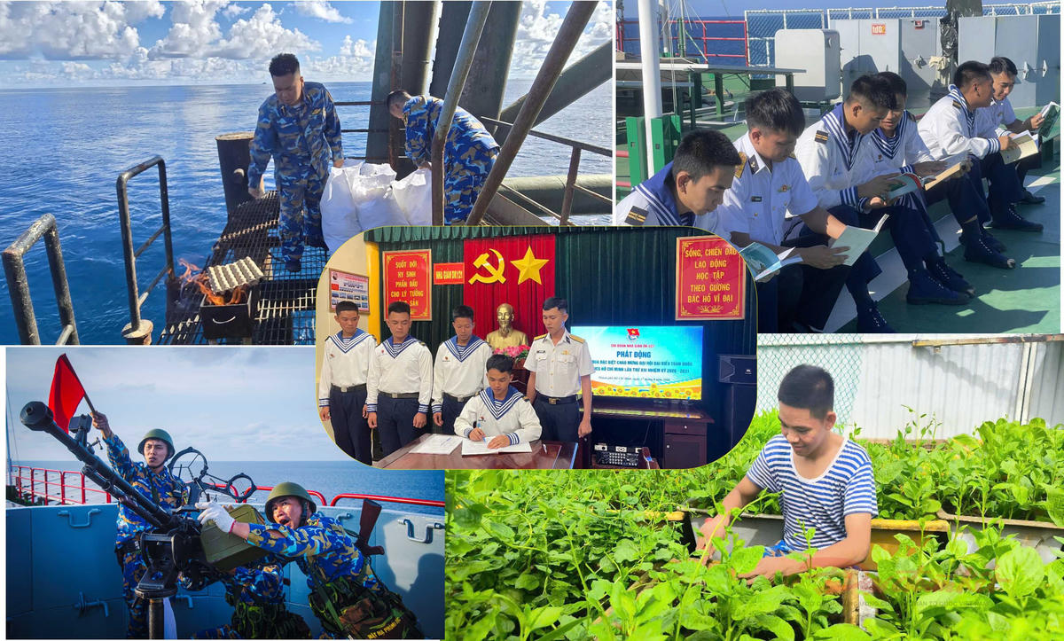 Giữa biển khơi, đoàn viên thanh niên trên các nhà giàn DK1 ra sức thi đua chào mừng Đại hội. Ảnh: Văn Đường.