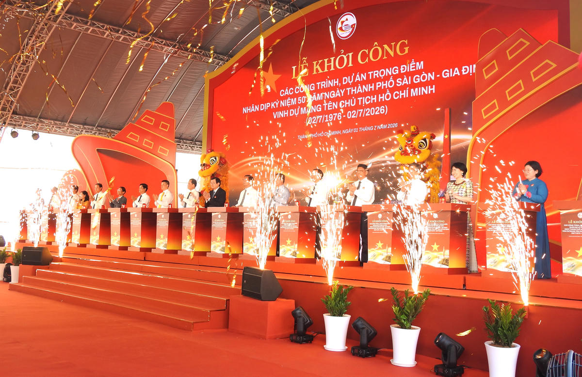 Các đại biểu bấm nút khởi công đồng loạt 8 dự án trọng điểm. Ảnh: Đ.Xá.