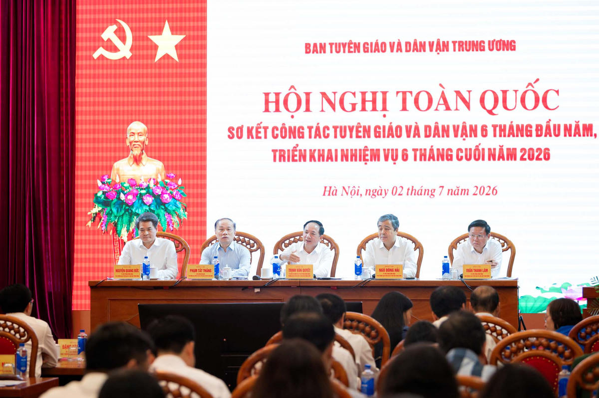 Trưởng Ban Tuyên giáo và Dân vận Trung ương Trịnh Văn Quyết chủ trì hội nghị toàn quốc sơ kết công tác tuyên giáo và dân vận 6 tháng đầu năm, triển khai nhiệm vụ 6 tháng cuối năm. Ảnh: Phạm Thắng