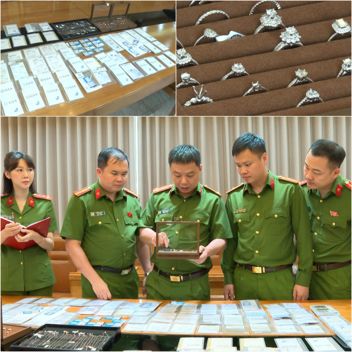Công an thu giữ hơn 1.100 viên kim cương cùng nhiều tài liệu liên quan. Ảnh: CATH