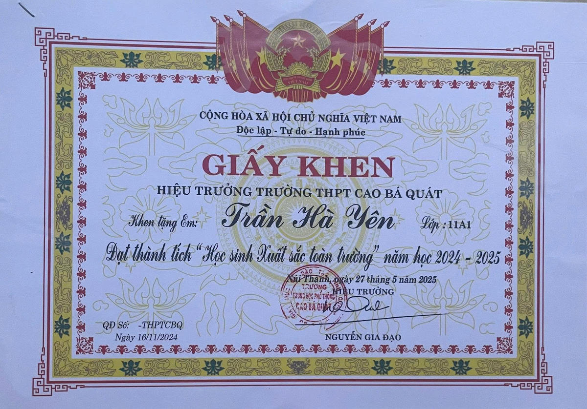 Em Trần Hà Yên đạt thành tích cao trong học tập. Ảnh: CĐ.