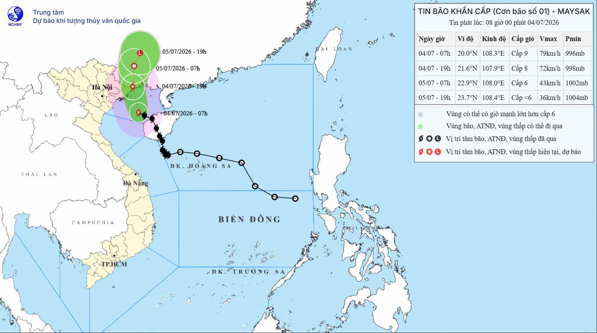 Dự báo quỹ đạo của bão số 1 lúc 8h ngày 4/7/2026. Nguồn: NCHMF