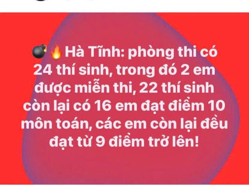 Mạng xã hội lan truyền ý kiến xung quanh phòng thi có nhiều điểm 10 môn Toán. Ảnh chụp màn hình. 