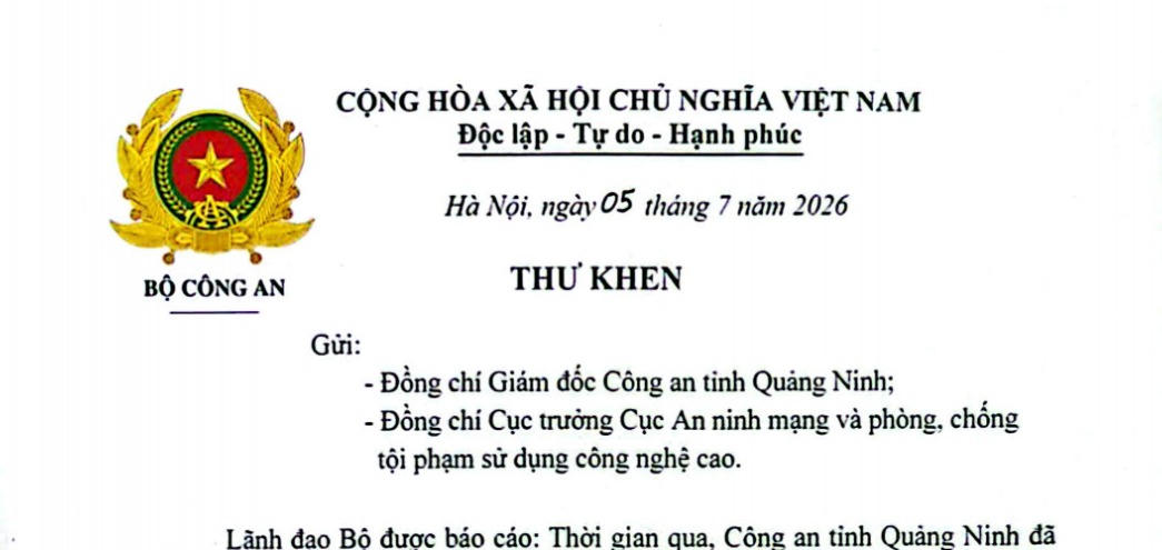 Công an tỉnh Quảng Ninh nhận thư khen của lãnh đạo Bộ Công an
