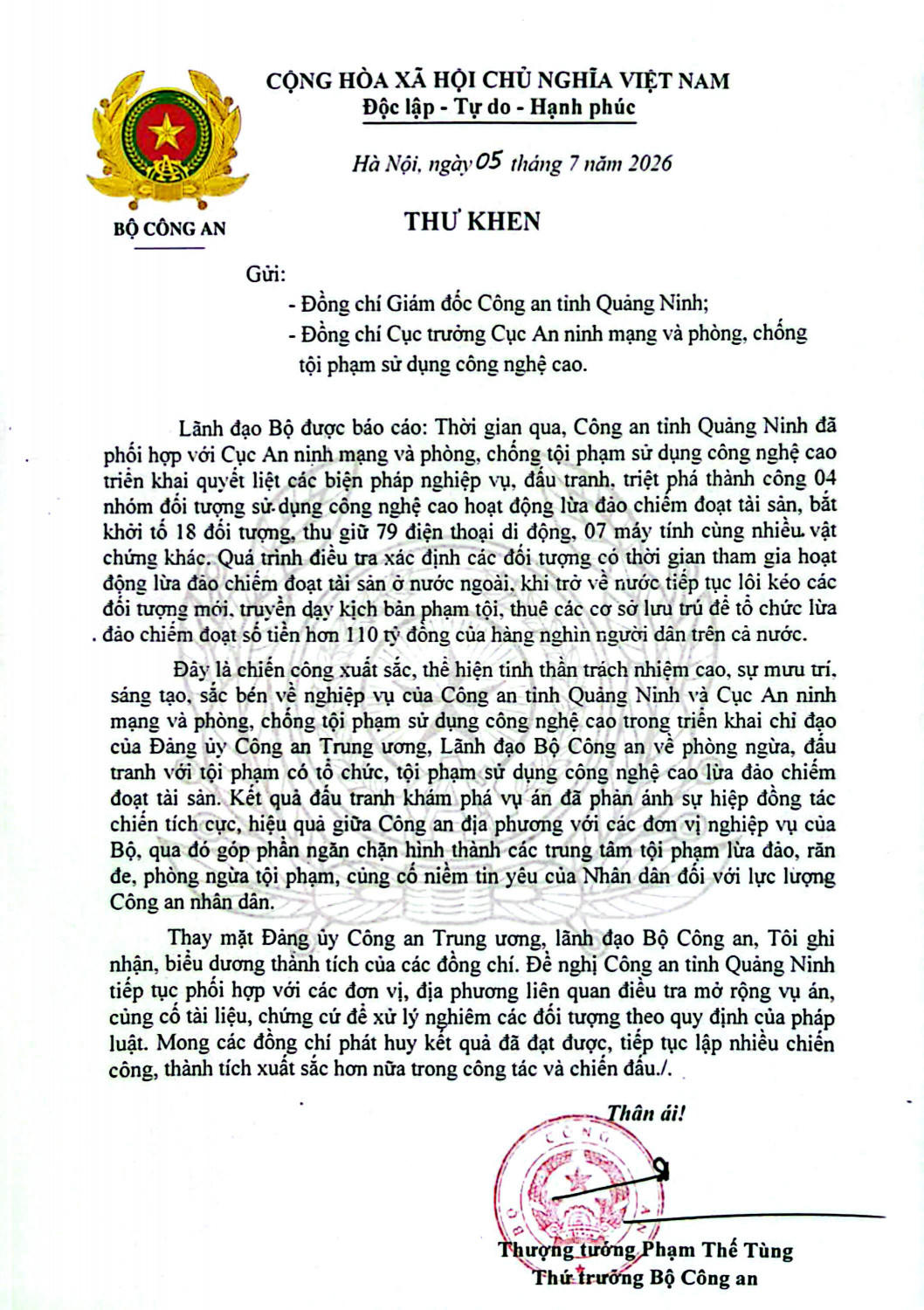 Thư khen của lãnh đạo Bộ Công an. Ảnh: Công an tỉnh Quảng Ninh.