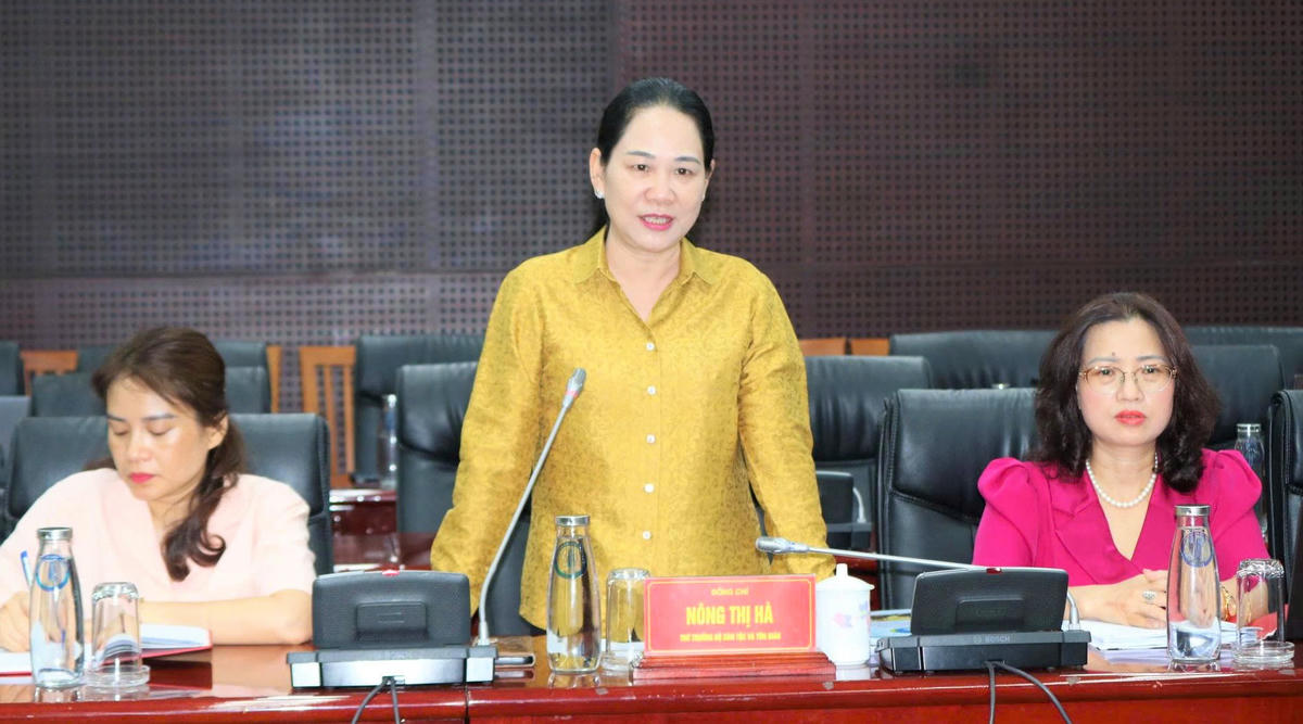 Thứ trưởng Bộ Dân tộc và Tôn giáo Nông Thị Hà phát biểu tại buổi làm việc. Ảnh: NT.