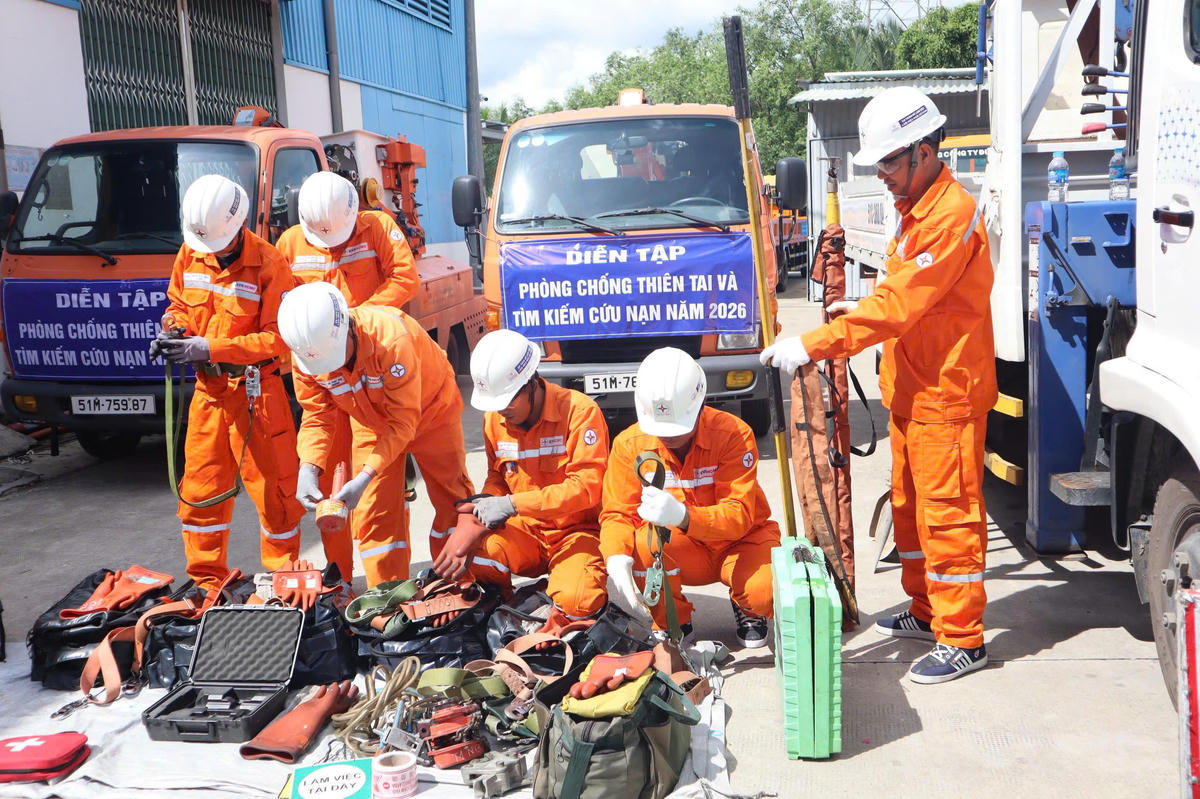 Lực lượng nhân sự diễn tập của Công ty Điện lực Tân Thuận tập trung vị trí diễn tập ngã đổ cột điện hàng loạt.
