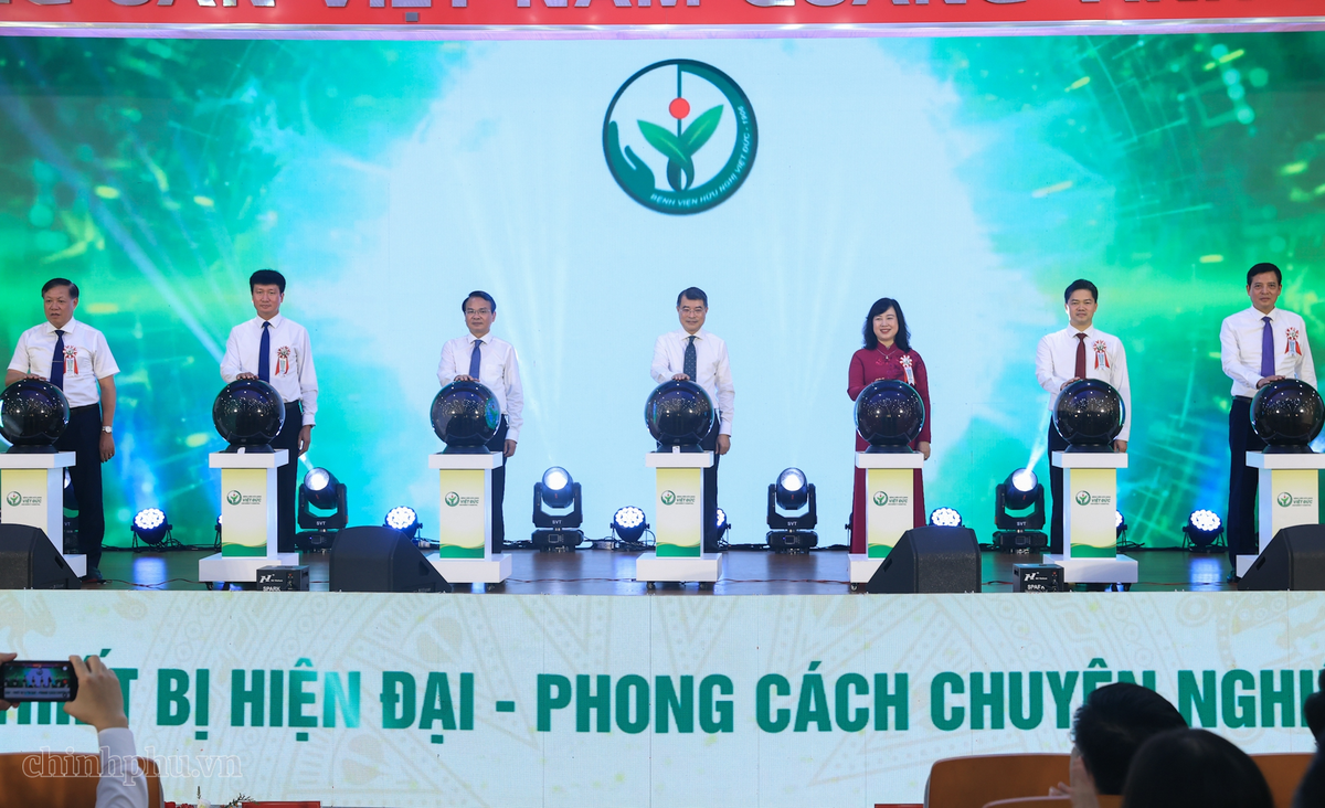 Thủ tướng và các đại biểu ấn nút khai trương hoạt động Bệnh viện Hữu nghị Việt Đức cơ sở Ninh Bình - Ảnh: VGP