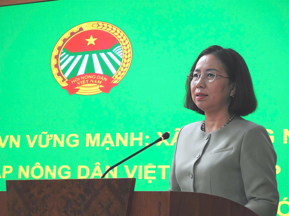 Phó Chủ tịch Trung ương Hội Nông dân Việt Nam Bùi Thị Thơm trình bày chuyên đề tại Hội nghị