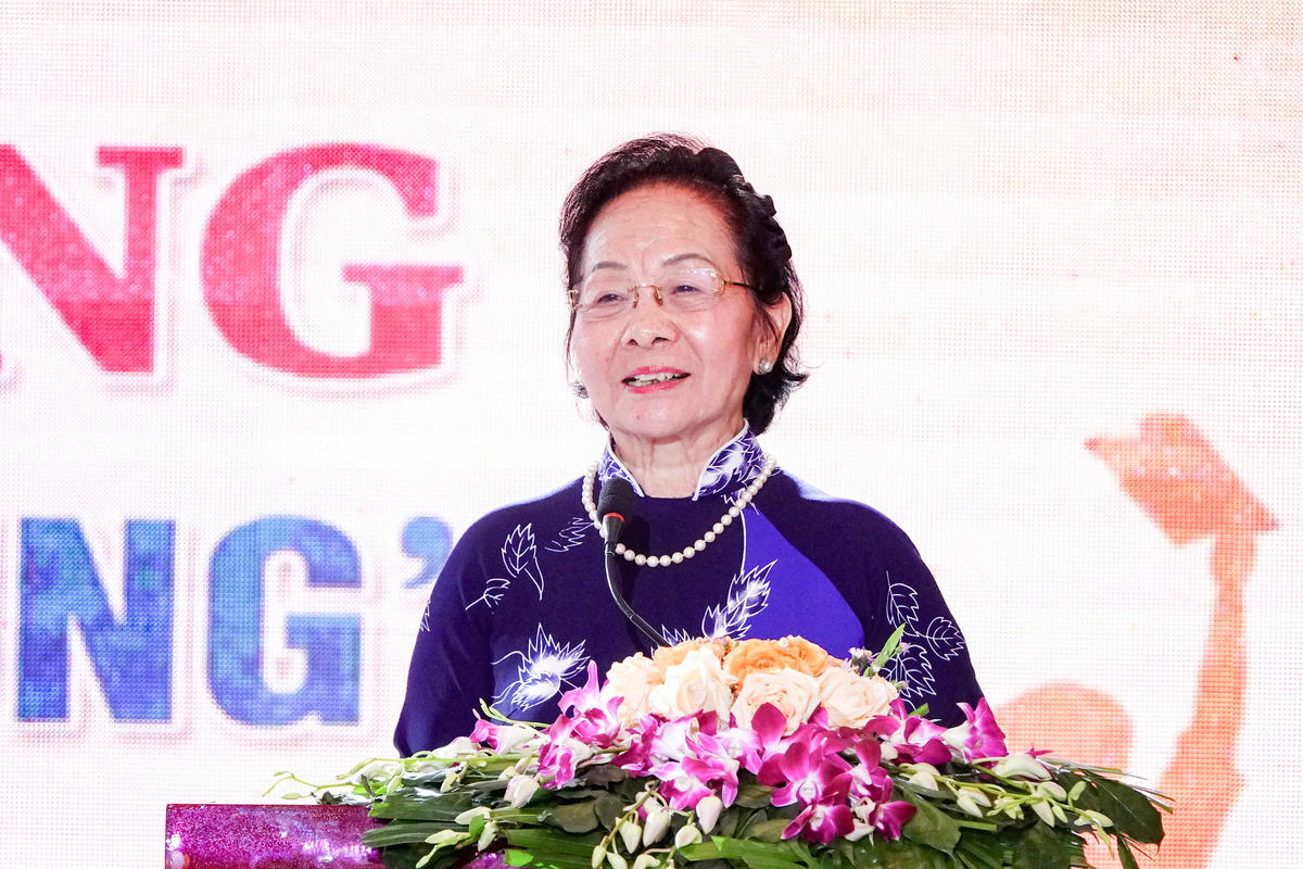GS.TS. Nguyễn Thị Doan, nguyên Ủy viên Trung ương Đảng, nguyên Phó Chủ tịch nước, Chủ tịch Hội Khuyến học Việt Nam phát biểu tại buổi lễ. Ảnh: Tuệ Yên.