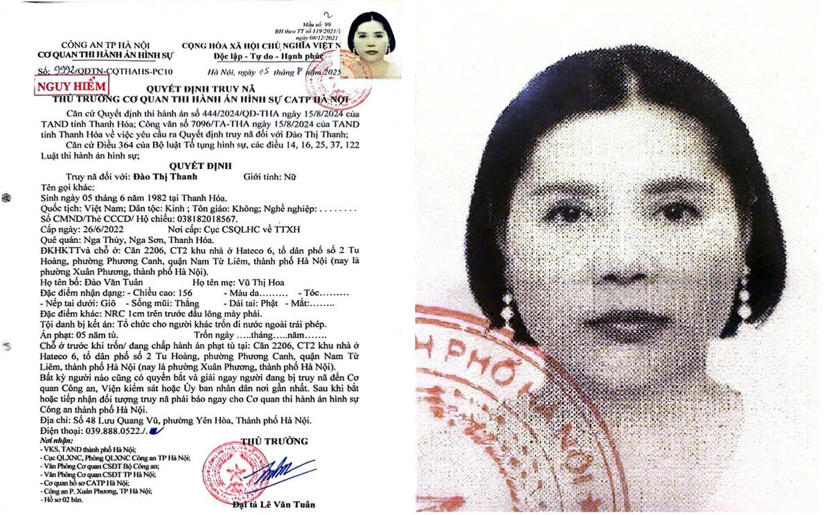 Cơ quan thi hành án hình sự Công an TP Hà Nội đã ra quyết định truy nã Đào Thị Thanh.