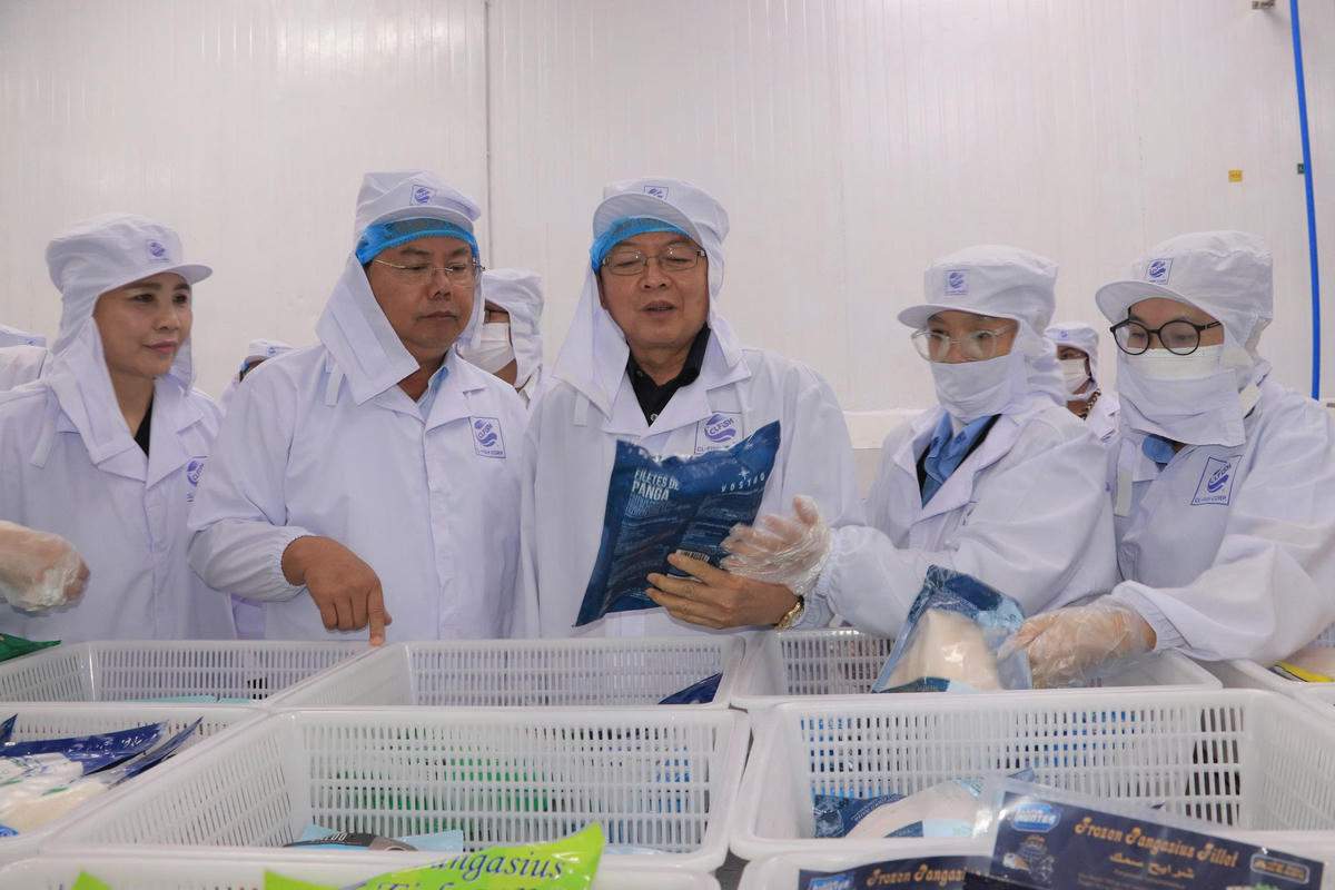 Phó Thủ tướng Hồ Quốc Dũng và Bí thư Tỉnh ủy tỉnh An Giang Nguyễn Tiến Hải tham quan quy trình sản xuất tại Công ty Cổ phần Xuất nhập khẩu thủy sản Cửu Long
