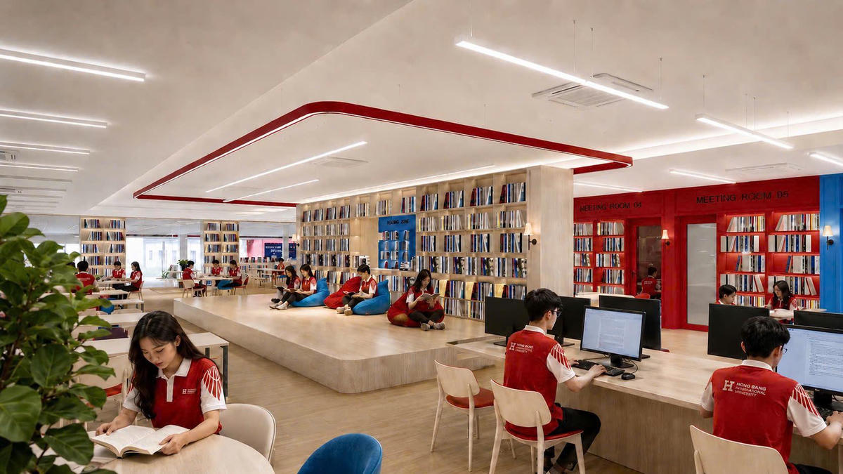 Không gian mở của thư viện tạo cảm hứng cho sinh viên tự học, nghiên cứu.