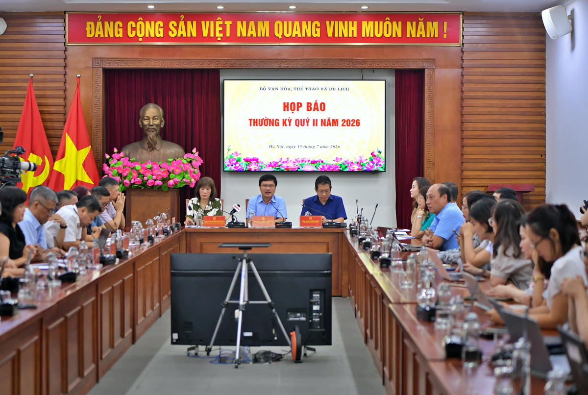 Quang cảnh Họp báo thường kỳ Quý II năm 2026 do Bộ VHTTDL tổ chức.