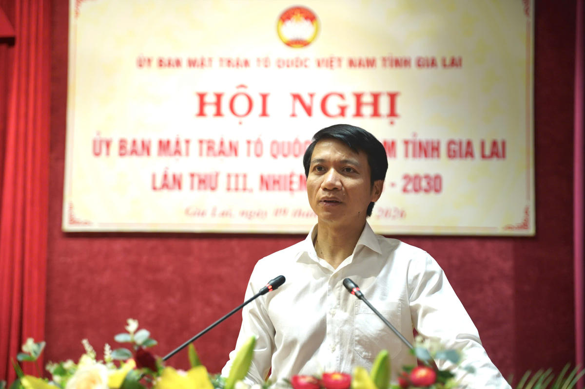 Ông&nbsp;Nguyễn Ngọc Lương, Chủ tịch Ủy ban MTTQ Việt Nam tỉnh Gia Lai phát biểu về giám sát, phản biện xã hội. Ảnh: ĐS.