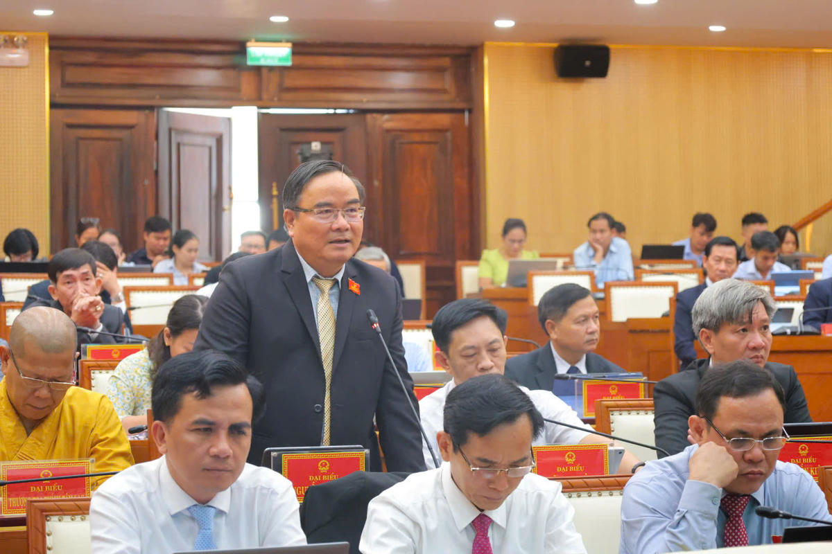 Đại biểu Nguyễn Ngọc Hải, Phó Trưởng ban Pháp chế HĐND tỉnh Quảng Ngãi phát biểu tại phiên chất vấn. Ảnh: CĐ.