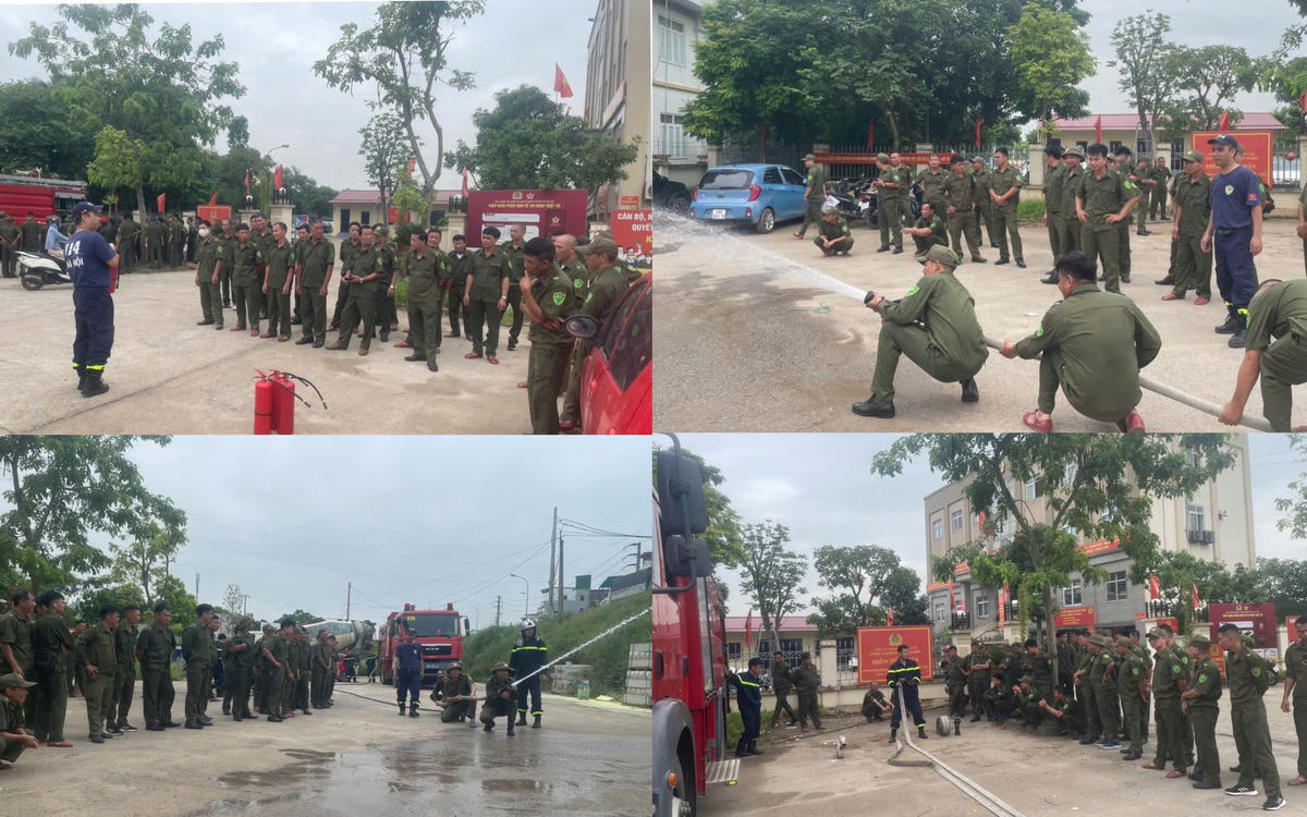 Lực lượng tham gia bảo vệ an ninh, trật tự ở cơ sở phường Yên Nghĩa thực tập sử dụng bình chữa cháy, lăng chữa cháy tại buổi tập huấn. Ảnh: Đạt Lê