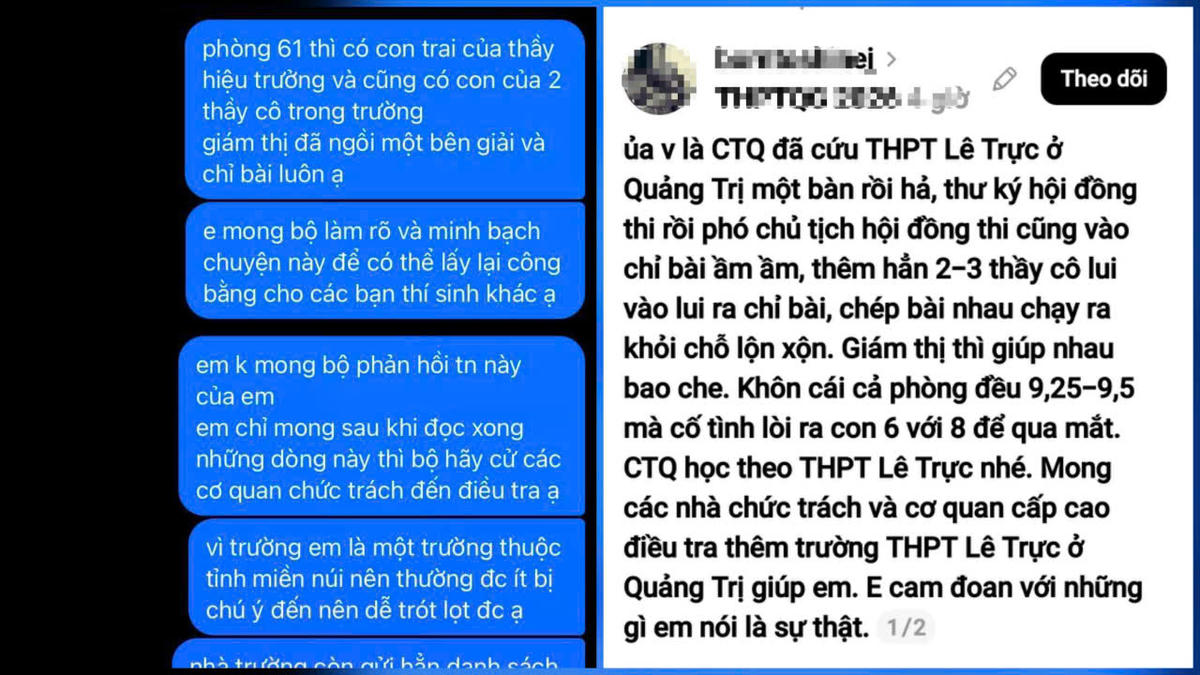 Một số hình ảnh, nội dung trước đó được đăng tải trên mạng xã hội phản ánh dấu hiệu tiêu cực tại điểm thi trường THPT Lê Trực trong kỳ thi tốt nghiệp THPT quốc gia năm 2026. Ảnh: Chụp màn hình.