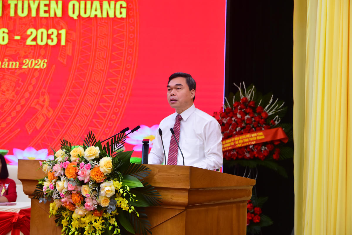 Ông Ma Thế Hồng, Phó Bí thư Tỉnh ủy, Chủ tịch Ủy ban MTTQ Việt Nam tỉnh Tuyên Quang phát biểu tại Đại hội. Ảnh: Xuân Trường.