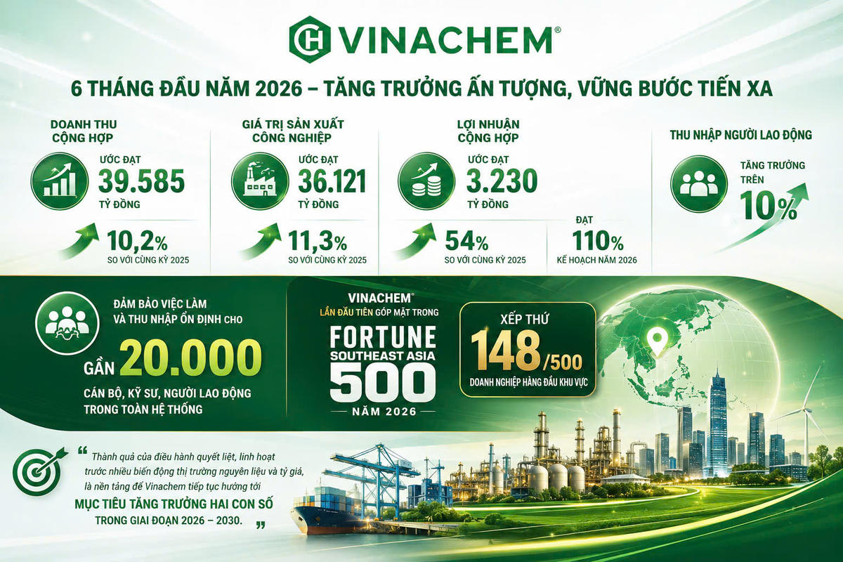 Kết quả sản xuất kinh doanh 6 tháng đầu năm 2026 của Vinachem