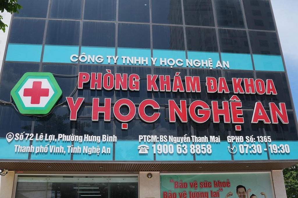Phòng khám đa khoa Y học Nghệ An có địa chỉ tại số nhà 72, đường Lê Lợi, phường Thành Vinh (Nghệ An). Ảnh: CANA