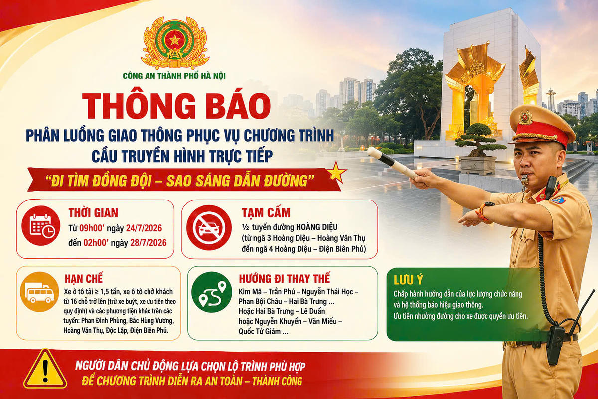 Lực lượng chức năng sẽ tổ chức phân luồng, tạm cấm và hạn chế phương tiện trên một số tuyến đường quanh Đài tưởng niệm các Anh hùng liệt sĩ (phường Ba Đình) từ ngày 24 đến 28/7 để phục vụ Chương trình cầu truyền hình trực tiếp "Đi tìm đồng đội – Sao sáng dẫn đường".