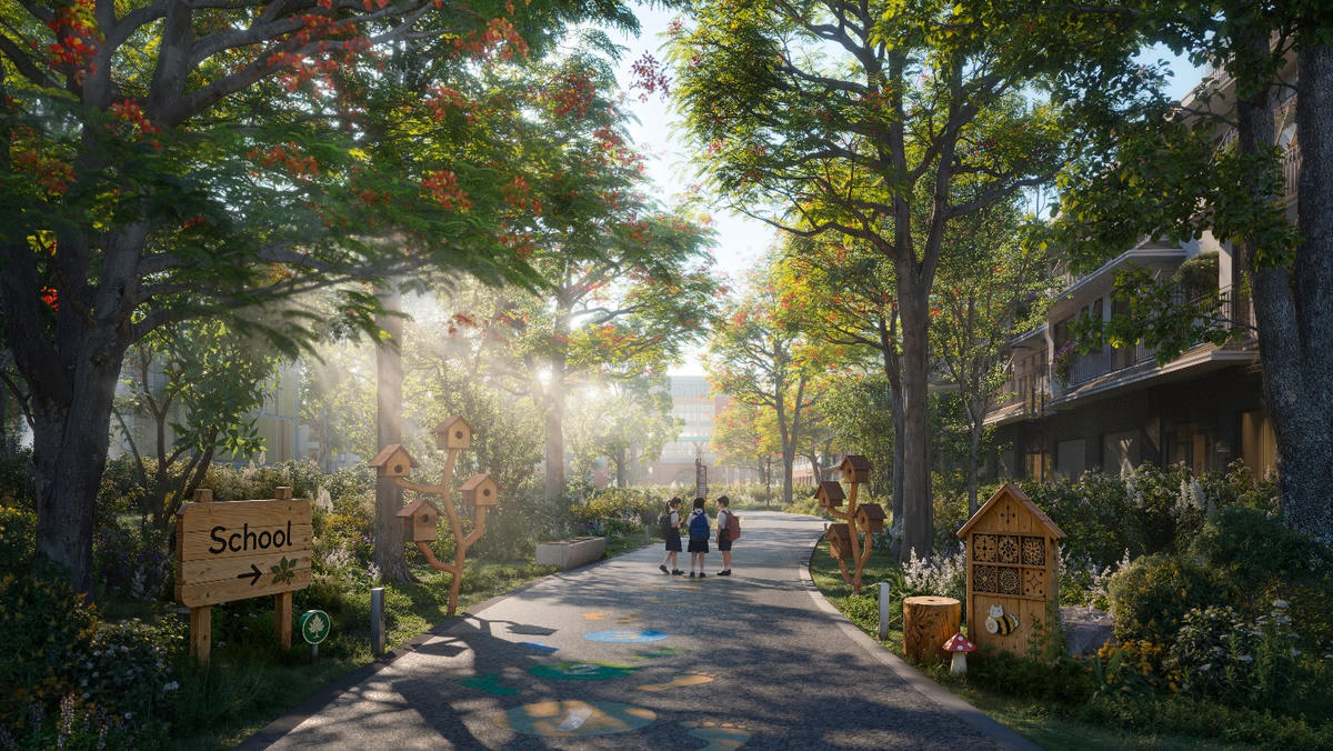 A group of people walking on a road with trees and signs

Description automatically generated