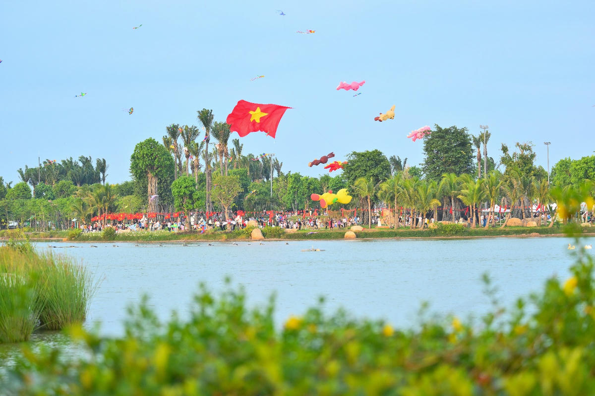 A group of people flying kites in the sky

Description automatically generated