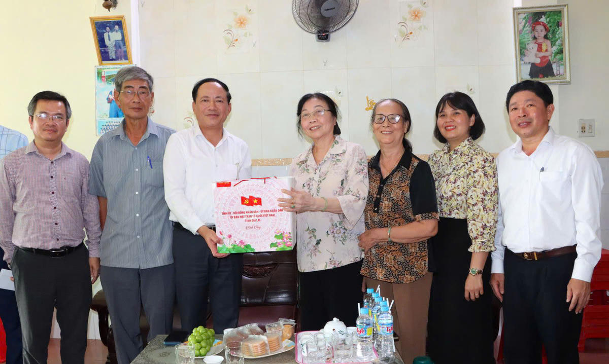 Ông Phạm Anh Tuấn (bên trái, áo trắng), Chủ tịch UBND tỉnh Gia Lai trao tặng quà cho gia đình chính sách trên địa bàn tỉnh. Ảnh: ĐS.