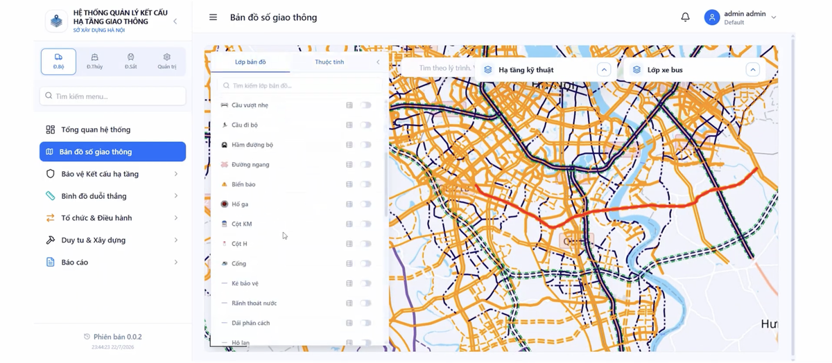 Hệ thống quản lý kết cấu hạ tầng giao thông trên nền bản đồ số (GIS) cho phép theo dõi trực quan toàn bộ mạng lưới giao thông Hà Nội trên một nền tảng thống nhất.