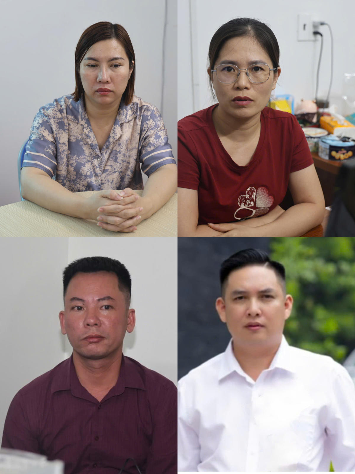 Các đối tượng Lê Thị Kim Nhung, Hoàng Thị Tuyên, Ngô Tiến Tiếp và Lê Thế Chín (từ trên xuống dưới, từ trái qua phải).