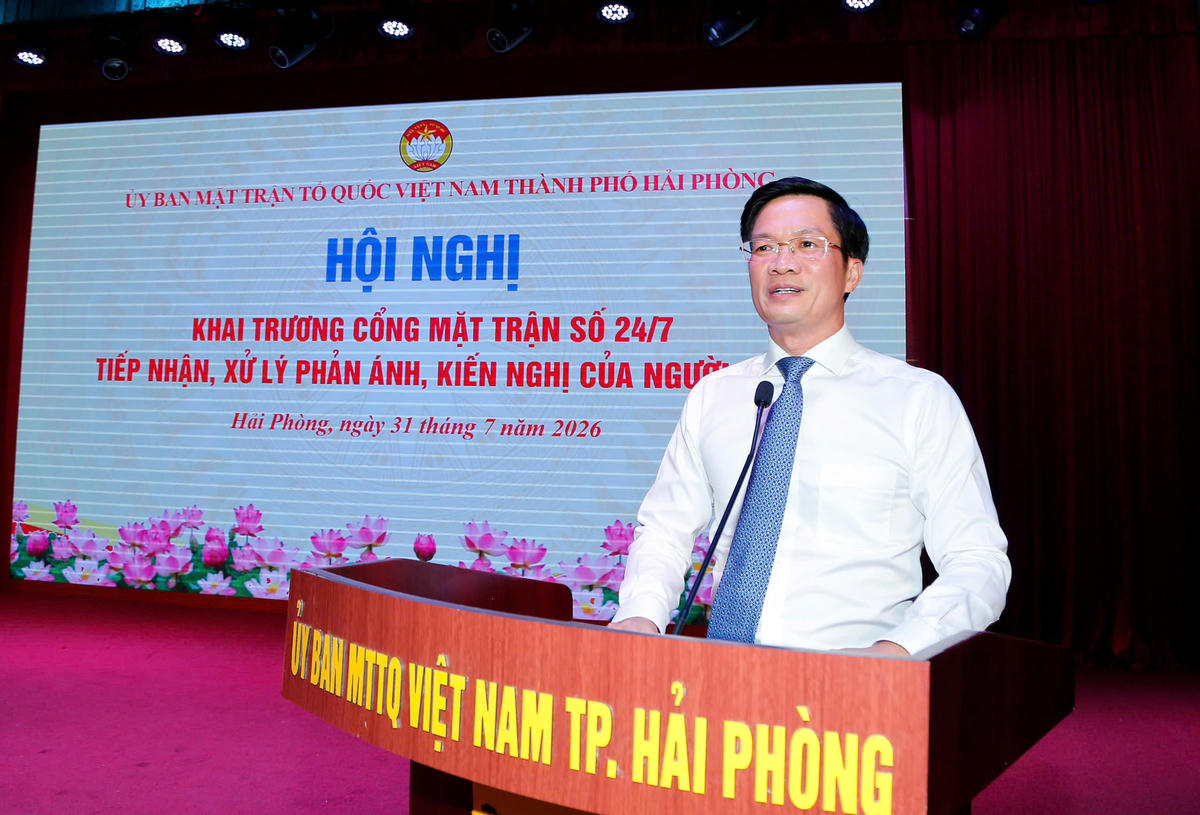 Phó Bí thư Thành ủy, Chủ tịch Ủy ban MTTQ Việt Nam TP Hải Phòng Phạm Văn Lập phát biểu tại hội nghị. Ảnh: PT.