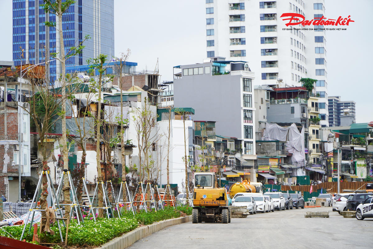 Tại khu vực từ đền Voi Phục đến dốc Bệnh viện Phụ sản Hà Nội, dải phân cách trung tâm đang được trồng cây xanh, hoa và hoàn thiện cảnh quan, từng bước tạo diện mạo mới cho tuyến đường.