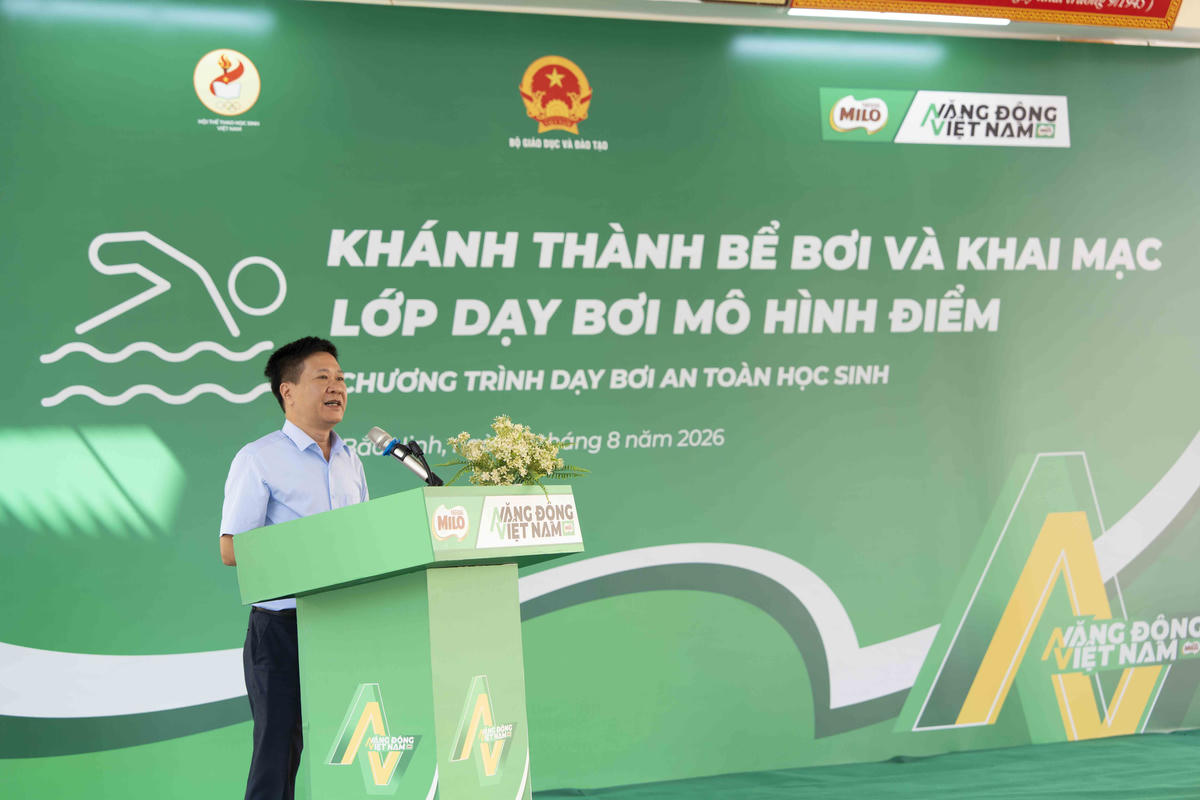 Ông Nguyễn Nho Huy – Phó Vụ trưởng Vụ Học sinh, Sinh viên (Bộ Giáo dục và Đào tạo) - Phó Chủ tịch, Tổng Thư ký Hội Thể thao học sinh Việt Nam phát biểu tại sự kiện