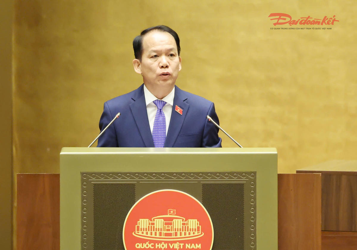 Bộ trưởng Bộ Tư pháp Hoàng Thanh Tùng trình bày Tờ trình tóm tắt dự án Luật Hòa giải ở cơ sở (sửa đổi). Ảnh: Quang Vinh